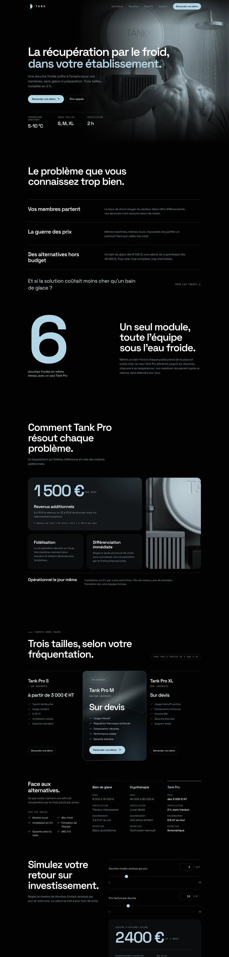 TANK Pro page for clubs, spas and physiotherapists, close-up.