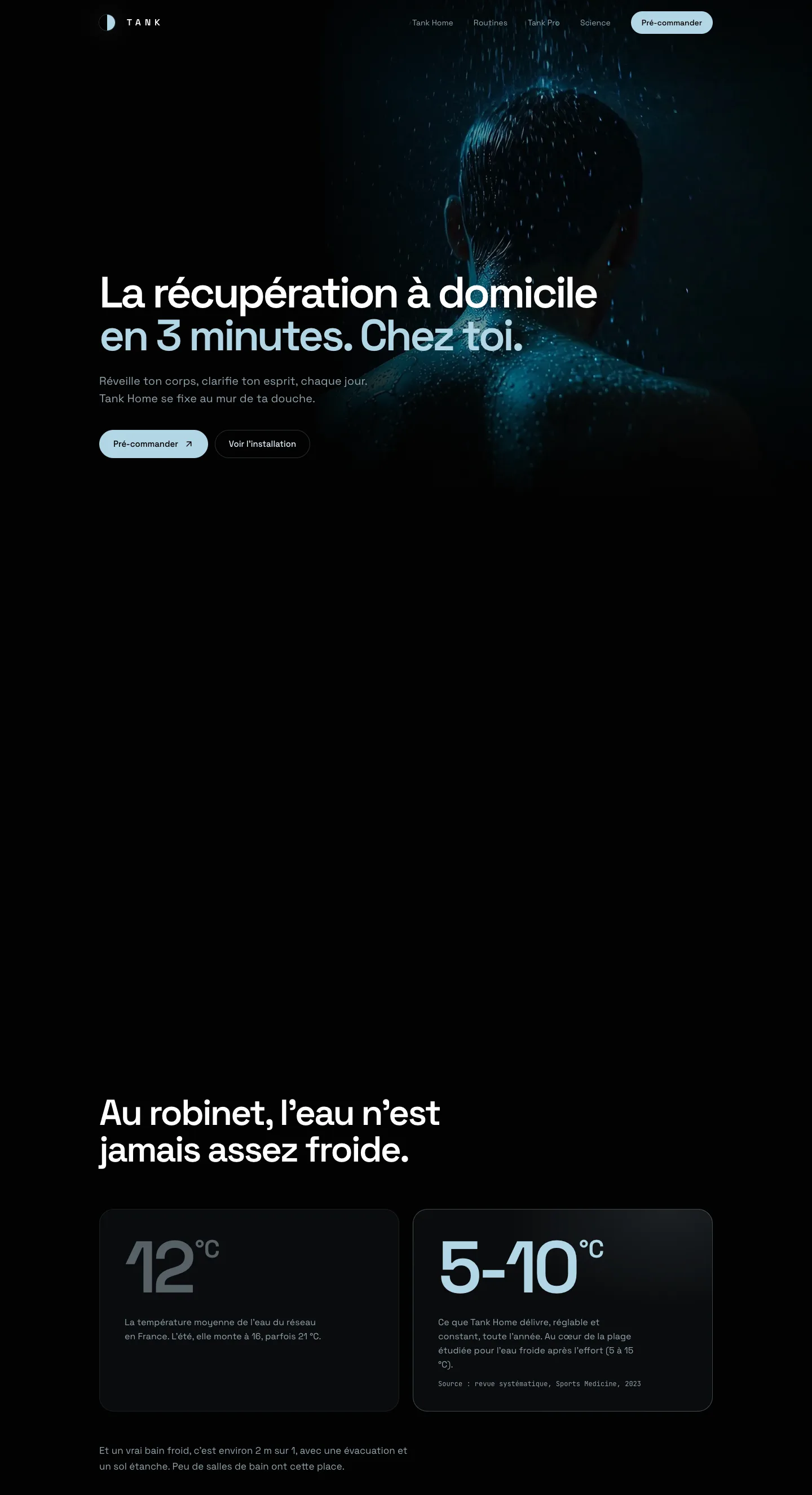 The ice-tank.fr home page: cold recovery at home in three minutes, then why tap water is never cold enough.