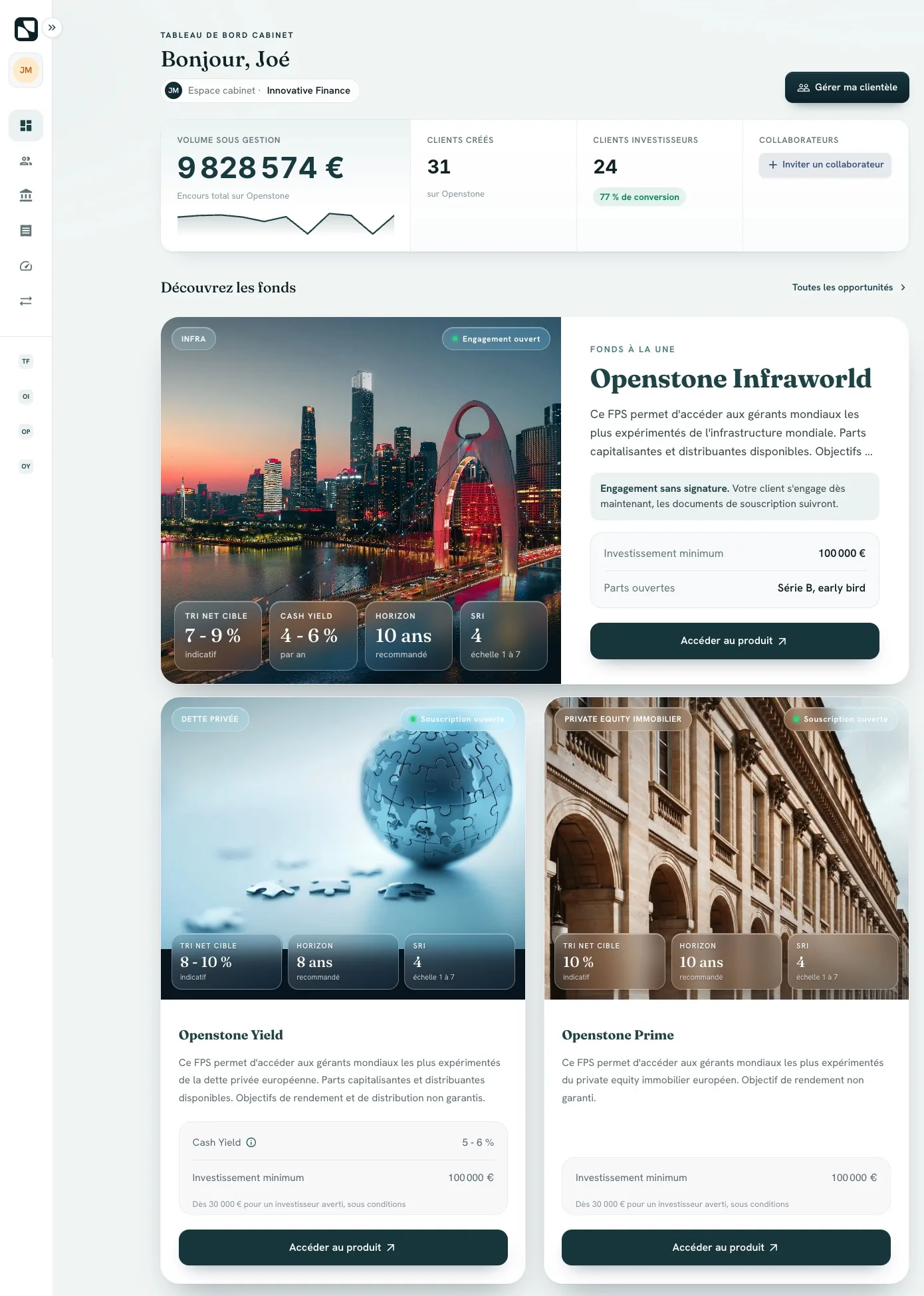 Advisor dashboard on the Openstone platform: assets under management, clients, featured fund, Yield and Prime funds.