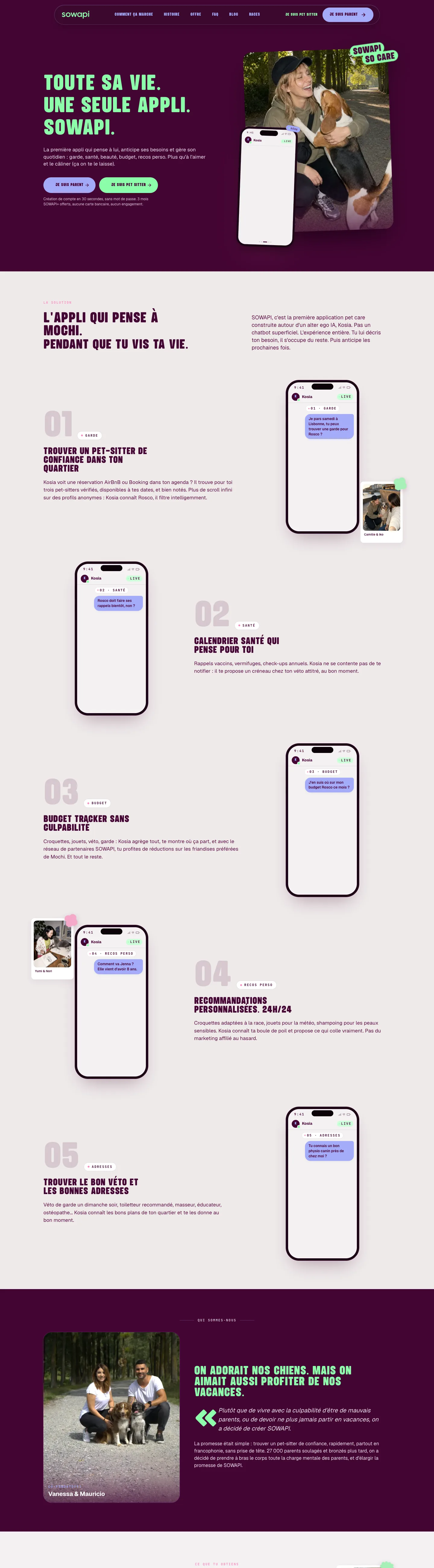The sowapi.com home page, full length: one app for the whole life of a pet, then the five daily uses.